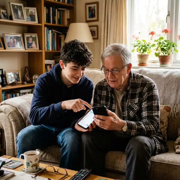 Grandson is showing his grandfather how to use his mobile phone technology.