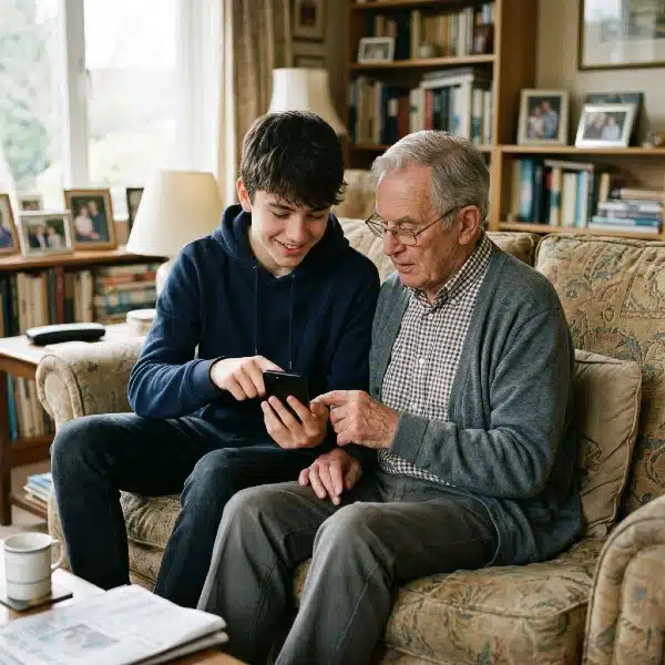 Grandson helps Grandfather connect with friends on mobile