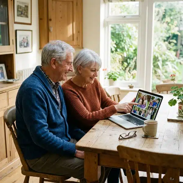 couple are sharing memories from digital photos of family and events